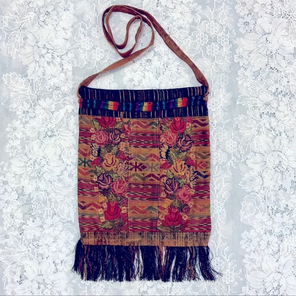 Handmade Embroidered Purse Crossbody Bohemian Floral Aztec Fringe‎